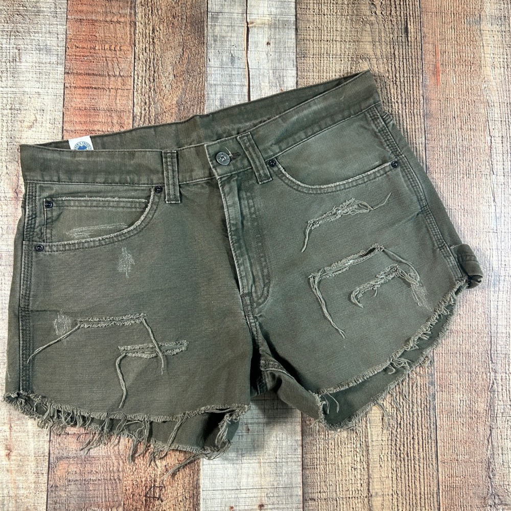 Lucky Brand Dungarees Cutoff Shorts 32 Olive Green Distressed Carpenter Y2K Boho